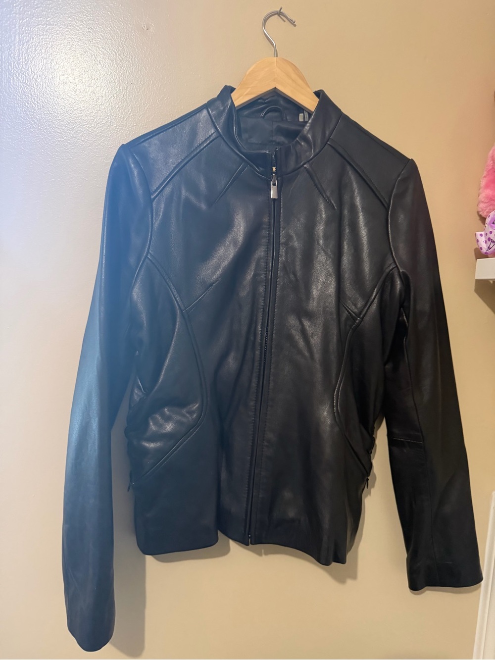 Tahari Black Leather Collar Jacket